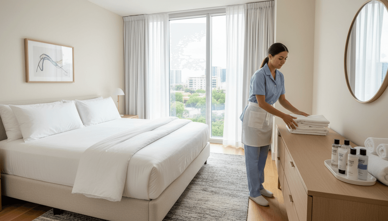 Professional cleaner preparing a guest bedroom with fresh linens and supplies in a vacation rental