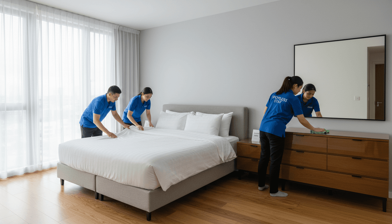 TurnKey Tidy preparing a guest-ready short-term rental bedroom with clean linens and organized supplies