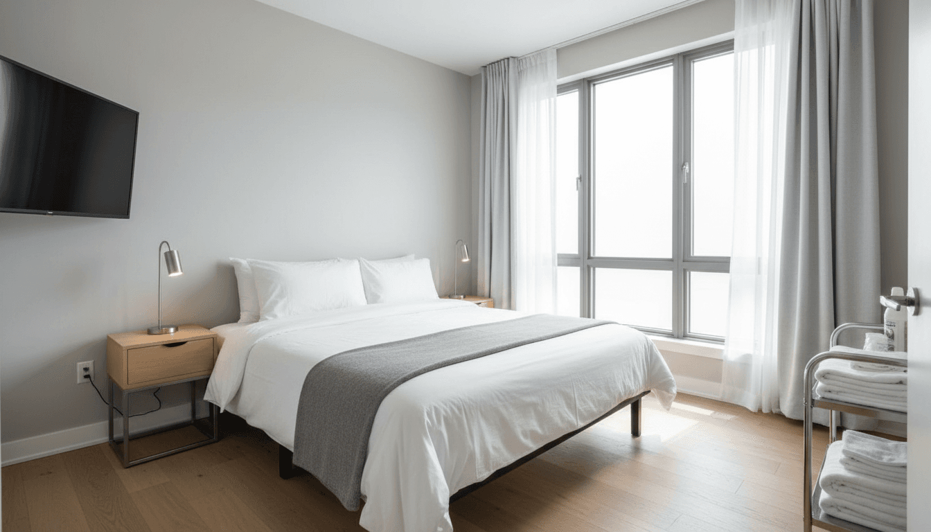 Property manager inspecting a pristine guest bedroom in a short-term rental