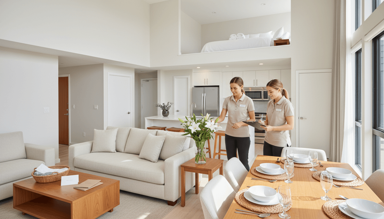 Professional cleaning and inspection team preparing a pristine vacation rental for guests